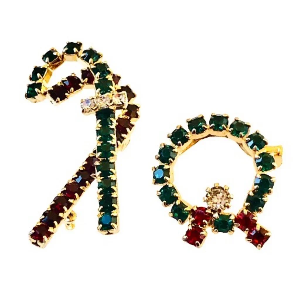 Vintage Christmas Brooch CANDY CANE + WREATH Rhinestones 2 Pins